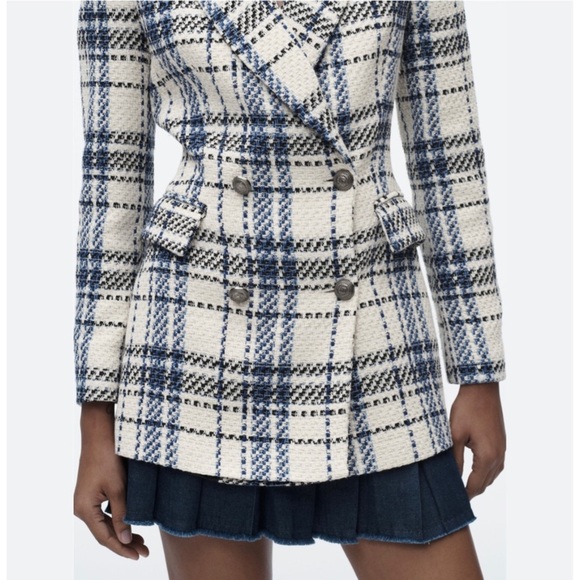 Zara double breasted textured weave jacket blazer in blue - Picture 4 of 10